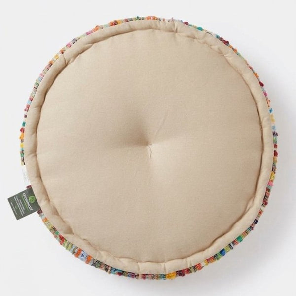 English Elm Round Handwoven Chindi Pouf Bohemian Floor Seat in Recycled Multicolor Striped Fabric B346P544483