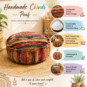 English Elm Round Handwoven Chindi Pouf Bohemian Floor Seat in Recycled Multicolor Striped Fabric B346P544483