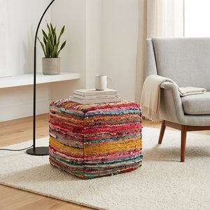 English Elm Square Handwoven Chindi Pouf Bohemian Multicolor Stripe Artisan Floor Seat for Any Room B346P544484