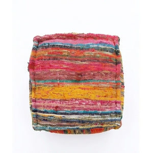 English Elm Square Handwoven Chindi Pouf Bohemian Multicolor Stripe Artisan Floor Seat for Any Room B346P544484