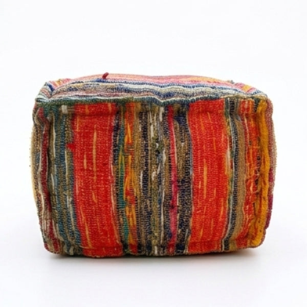 English Elm Square Handwoven Chindi Pouf Bohemian Multicolor Stripe Artisan Floor Seat for Any Room B346P544484