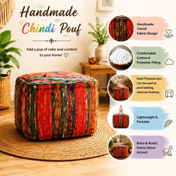 English Elm Square Handwoven Chindi Pouf Bohemian Multicolor Stripe Artisan Floor Seat for Any Room B346P544484