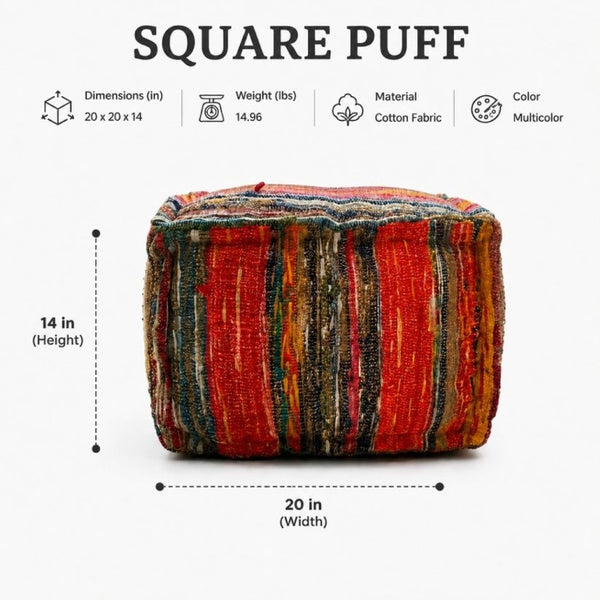 English Elm Square Handwoven Chindi Pouf Bohemian Multicolor Stripe Artisan Floor Seat for Any Room B346P544484