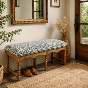 English Elm Cotswold Spindle Acacia Hardwood Entryway Bench with Patterned Cotton Cushioned Seat B346P544486