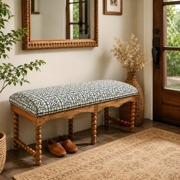 English Elm Cotswold Spindle Acacia Hardwood Entryway Bench with Patterned Cotton Cushioned Seat B346P544486
