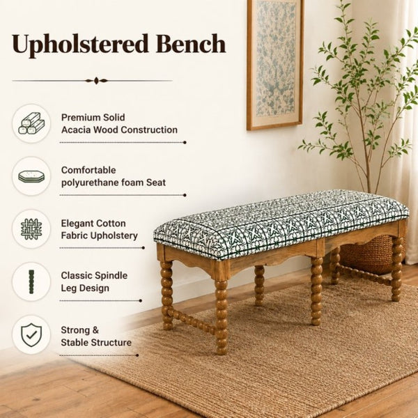 English Elm Cotswold Spindle Acacia Hardwood Entryway Bench with Patterned Cotton Cushioned Seat B346P544486