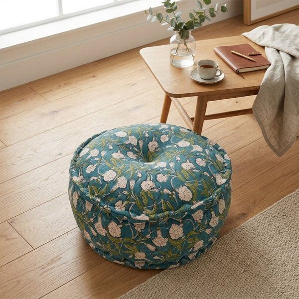 English Elm Indigo Floral Cotton Pouf Round Bohemian Floor Cushion Handcrafted Accent Seating B346P544489