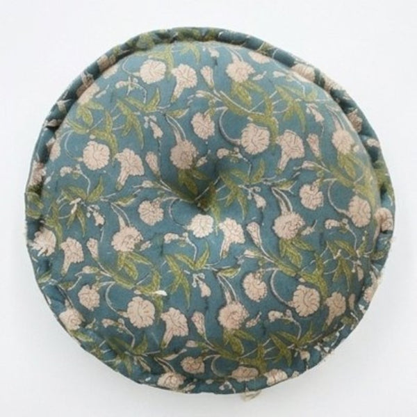 English Elm Indigo Floral Cotton Pouf Round Bohemian Floor Cushion Handcrafted Accent Seating B346P544489