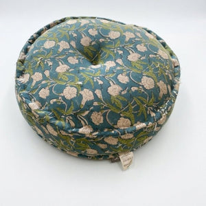 English Elm Indigo Floral Cotton Pouf Round Bohemian Floor Cushion Handcrafted Accent Seating B346P544489