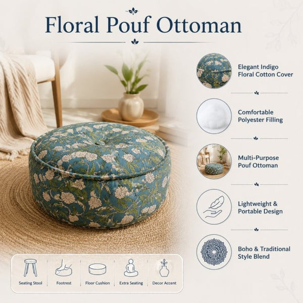 English Elm Indigo Floral Cotton Pouf Round Bohemian Floor Cushion Handcrafted Accent Seating B346P544489