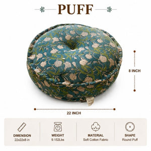 English Elm Indigo Floral Cotton Pouf Round Bohemian Floor Cushion Handcrafted Accent Seating B346P544489