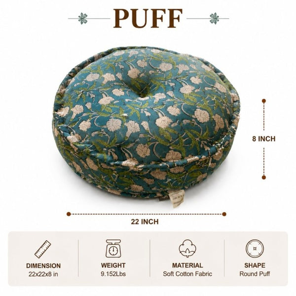 English Elm Indigo Floral Cotton Pouf Round Bohemian Floor Cushion Handcrafted Accent Seating B346P544489