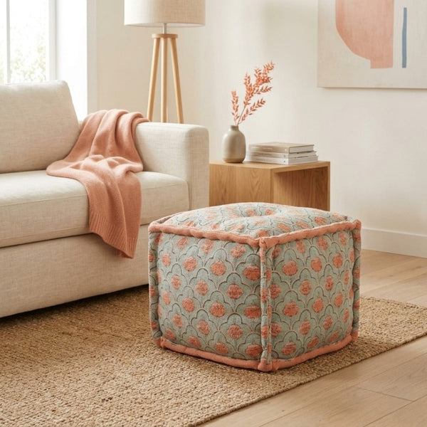 English Elm Floral Print Handmade Cotton Cube Pouf Boho Floor Seating for Bedroom Living Room B346P544490