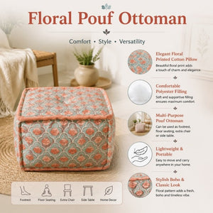 English Elm Floral Print Handmade Cotton Cube Pouf Boho Floor Seating for Bedroom Living Room B346P544490