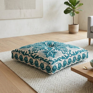 English Elm Embroidered Boho Floor Cushion Handcrafted Cotton Cover for Meditation and Seating B346P544494