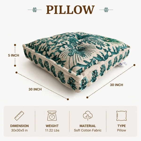 English Elm Embroidered Boho Floor Cushion Handcrafted Cotton Cover for Meditation and Seating B346P544494