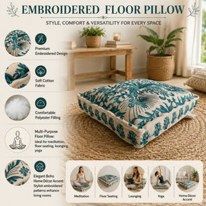 English Elm Embroidered Boho Floor Cushion Handcrafted Cotton Cover for Meditation and Seating B346P544494