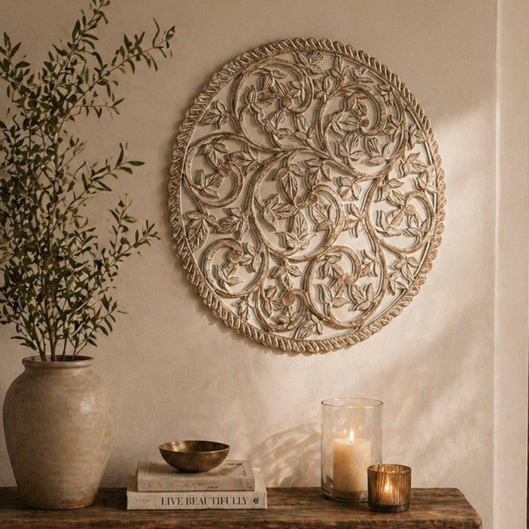English Elm 36 Inch Hand Carved Solid Wood Round Wall Panel with Mirror Floral Scroll Farmhouse Art B346P544498