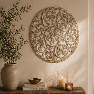 English Elm 36 Inch Hand Carved Solid Wood Round Wall Panel with Mirror Floral Scroll Farmhouse Art B346P544498