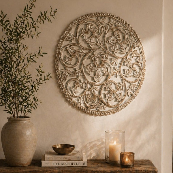 English Elm 36 Inch Hand Carved Solid Wood Round Wall Panel with Mirror Floral Scroll Farmhouse Art B346P544498
