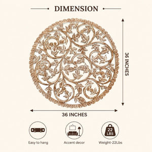 English Elm 36 Inch Hand Carved Solid Wood Round Wall Panel with Mirror Floral Scroll Farmhouse Art B346P544498