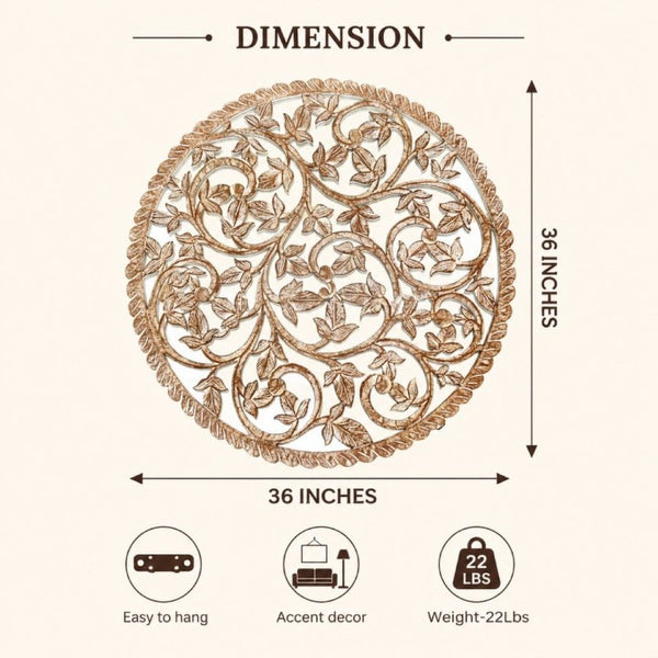 English Elm 36 Inch Hand Carved Solid Wood Round Wall Panel with Mirror Floral Scroll Farmhouse Art B346P544498
