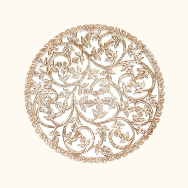 English Elm 36 Inch Hand Carved Solid Wood Round Wall Panel with Mirror Floral Scroll Farmhouse Art B346P544498