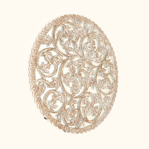 English Elm 36 Inch Hand Carved Solid Wood Round Wall Panel with Mirror Floral Scroll Farmhouse Art B346P544498