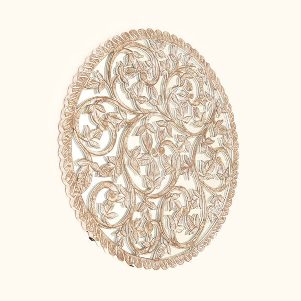 English Elm 36 Inch Hand Carved Solid Wood Round Wall Panel with Mirror Floral Scroll Farmhouse Art B346P544498