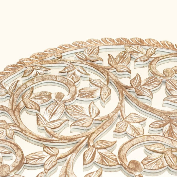 English Elm 36 Inch Hand Carved Solid Wood Round Wall Panel with Mirror Floral Scroll Farmhouse Art B346P544498