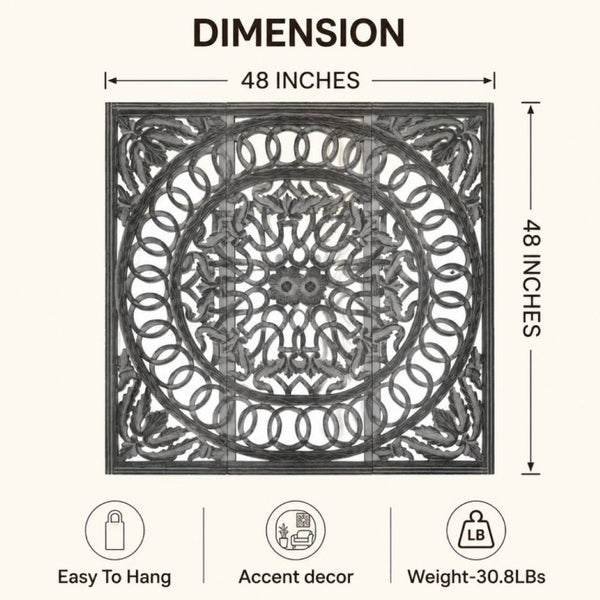 English Elm Wooden Three Panel Carved Wall Art Set with Mirror Backing for Modern Living Spaces B346P544499