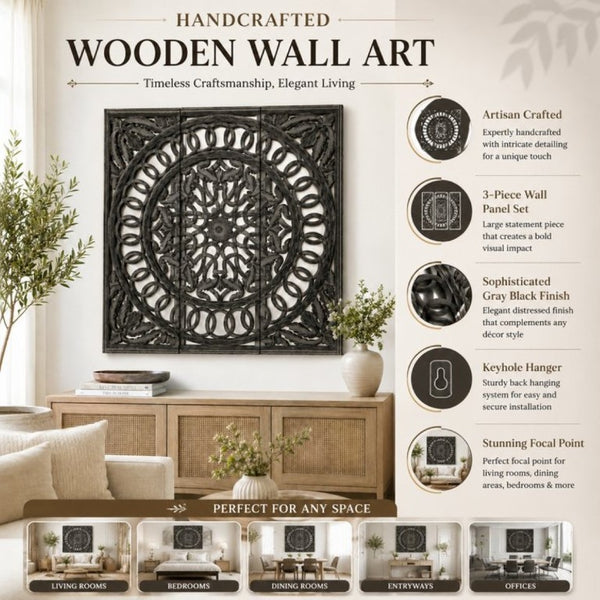 English Elm Wooden Three Panel Carved Wall Art Set with Mirror Backing for Modern Living Spaces B346P544499