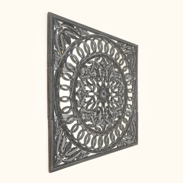 English Elm Wooden Three Panel Carved Wall Art Set with Mirror Backing for Modern Living Spaces B346P544499