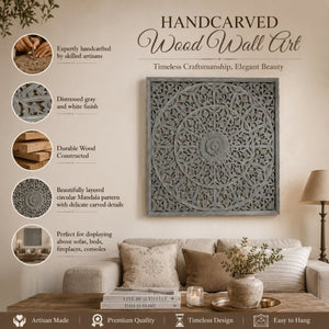English Elm Handcrafted Mandala Relief Wood Panel Large Carved Wall Art for Living Room Decor B346P544500