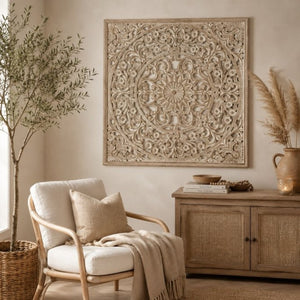 English Elm Handcrafted Mandala Wood Wall Panel 48X48 Inch Carved Bohemian Floral Decor B346P544501