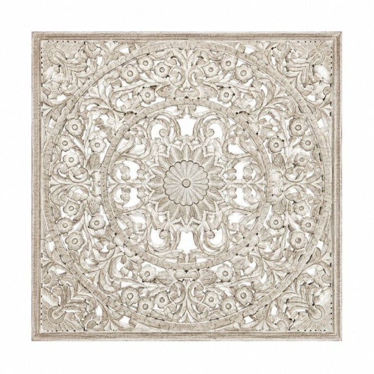 English Elm Handcrafted Mandala Wood Wall Panel 48X48 Inch Carved Bohemian Floral Decor B346P544501