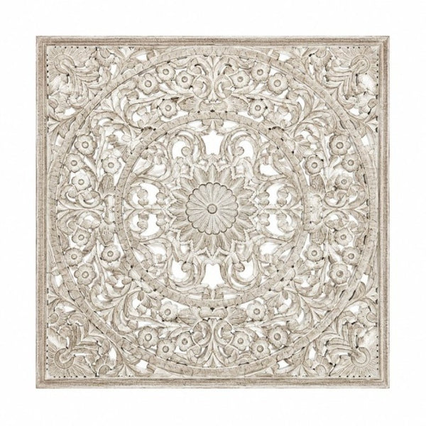 English Elm Handcrafted Mandala Wood Wall Panel 48X48 Inch Carved Bohemian Floral Decor B346P544501