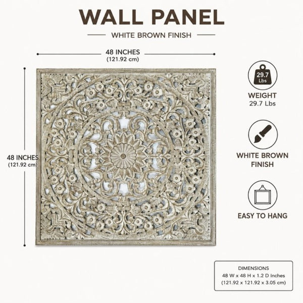 English Elm Handcrafted Mandala Wood Wall Panel 48X48 Inch Carved Bohemian Floral Decor B346P544501