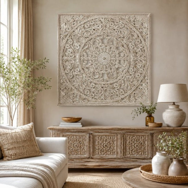 English Elm Handcrafted Mandala Wood Wall Panel 48X48 Inch Carved Bohemian Floral Decor B346P544501