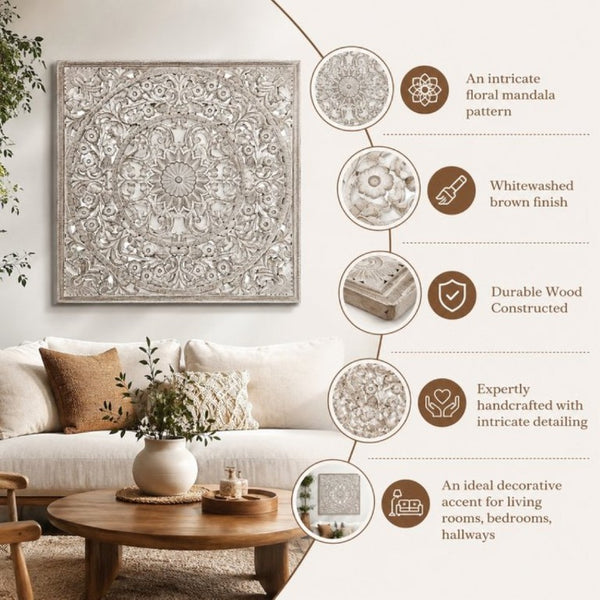 English Elm Handcrafted Mandala Wood Wall Panel 48X48 Inch Carved Bohemian Floral Decor B346P544501