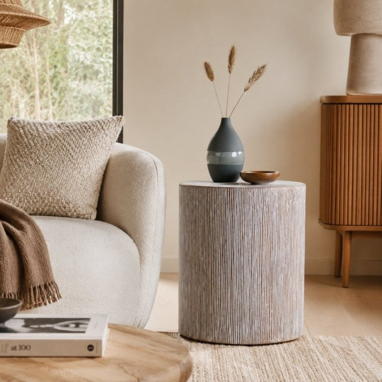 English Elm Hand Carved Solid Wood Pedestal Side Table Whitewash Finish Farmhouse Accent Piece B346P544513