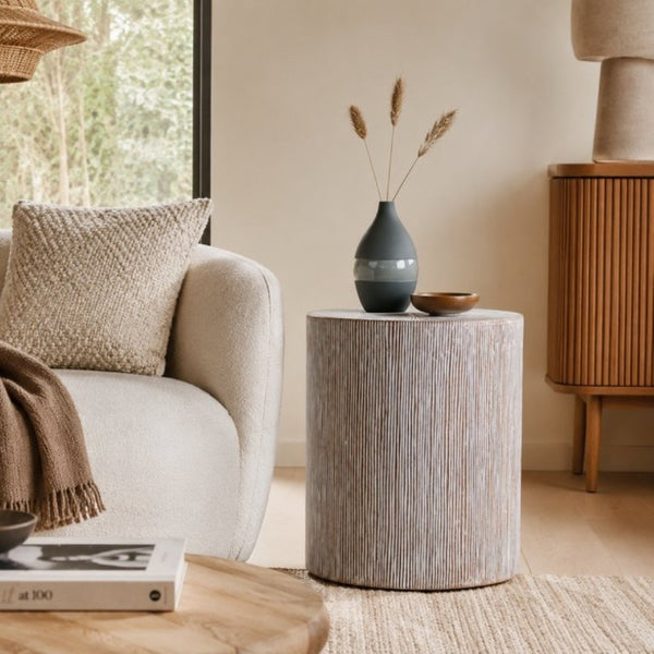 English Elm Hand Carved Solid Wood Pedestal Side Table Whitewash Finish Farmhouse Accent Piece B346P544513
