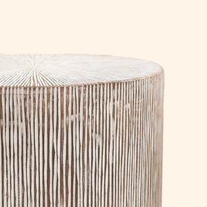 English Elm Hand Carved Solid Wood Pedestal Side Table Whitewash Finish Farmhouse Accent Piece B346P544513