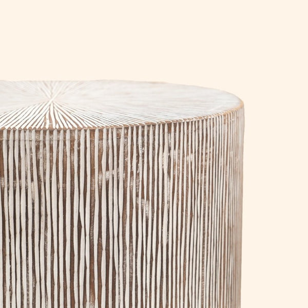 English Elm Hand Carved Solid Wood Pedestal Side Table Whitewash Finish Farmhouse Accent Piece B346P544513