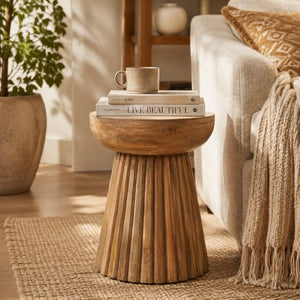 English Elm Hand-Carved Mango Wood Round Pedestal Side Table Natural Grain Artisan Sculpted Base B346P544514