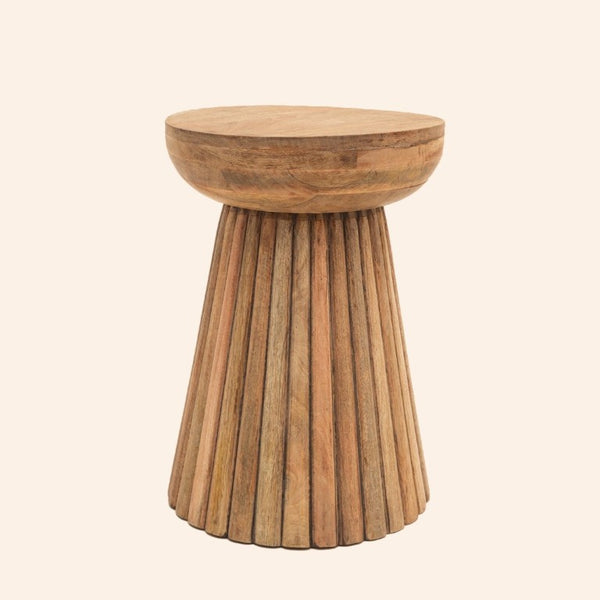 English Elm Hand-Carved Mango Wood Round Pedestal Side Table Natural Grain Artisan Sculpted Base B346P544514