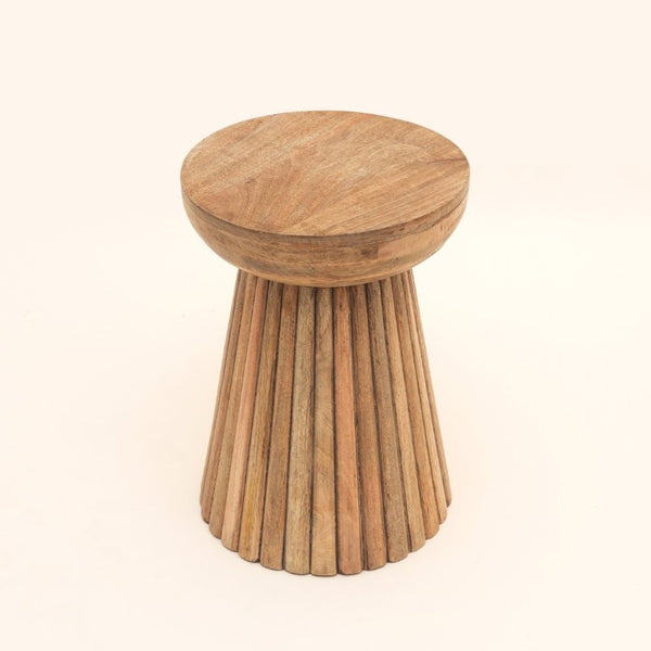 English Elm Hand-Carved Mango Wood Round Pedestal Side Table Natural Grain Artisan Sculpted Base B346P544514