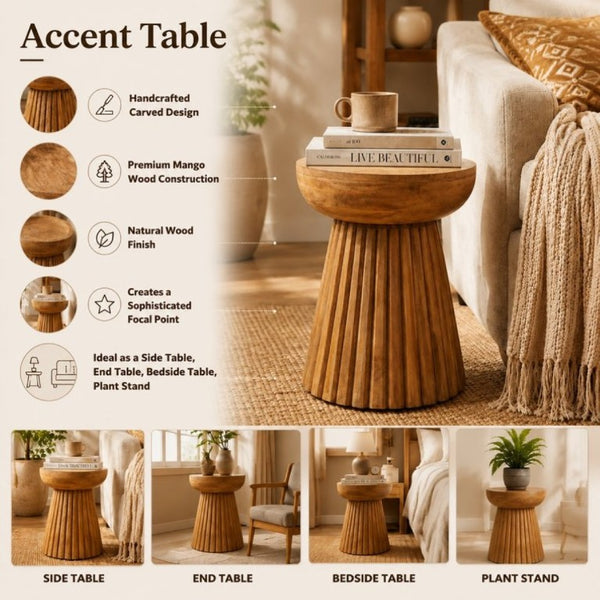 English Elm Hand-Carved Mango Wood Round Pedestal Side Table Natural Grain Artisan Sculpted Base B346P544514