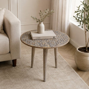 English Elm Handcrafted Solid Mango Wood Round Side Table with Floral Carved Antique Gray Finish B346P544515