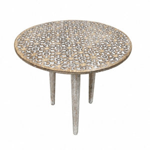 English Elm Handcrafted Solid Mango Wood Round Side Table with Floral Carved Antique Gray Finish B346P544515